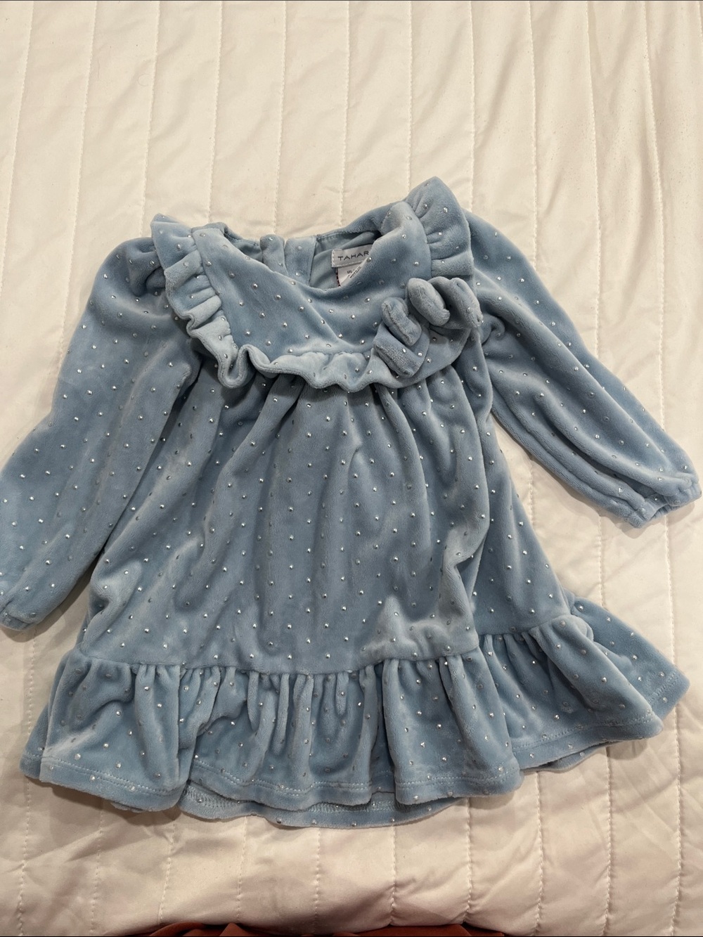 Tahari Light Blue Velvet Ruffle Dress with Silver Dot Accents